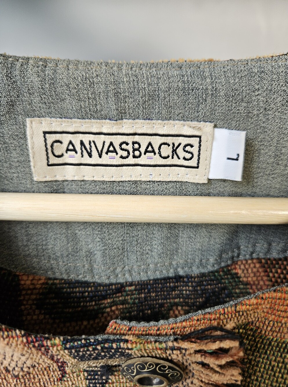 Vintage Canvas Coat Patterned Patchwork Jacket Size Large Fall Boho Southwestern - Picture 6 of 7